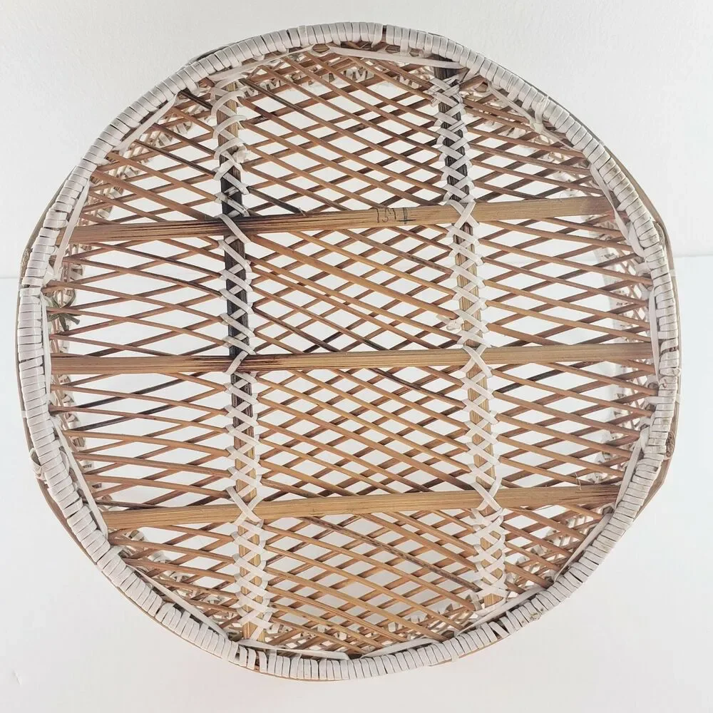 Round Basket w/ Handles White Accents Woven Rattan Wicker Rattan Wall Art